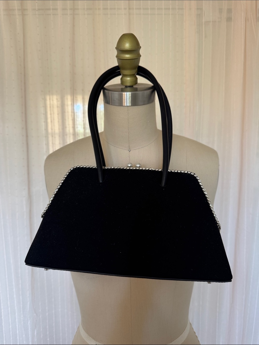Elegant Black Top-Handle Satchel with Rhinestone Trim